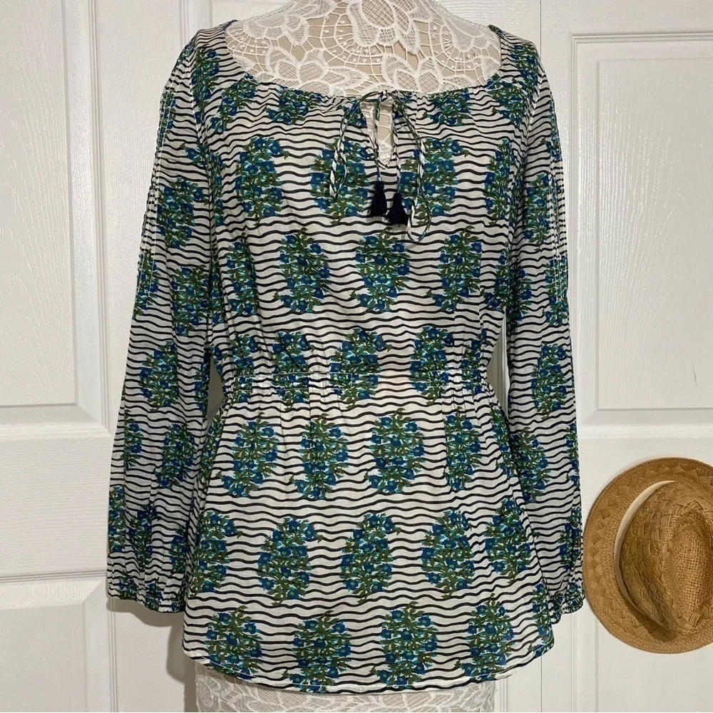 Tory Burch Top white Green Flora Cotton Scoop Neck Keyhole Tunic Elastic waist 6